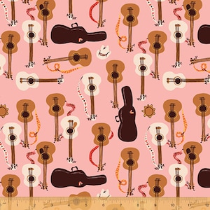 Windham Fabrics, Guitars in Pink &quot;Far Far Away 3&quot; by Heather Ross, per half-yard