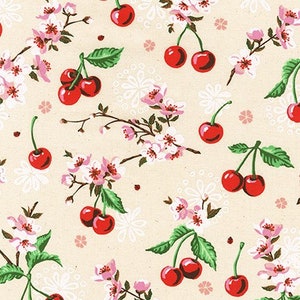 Cheery Blossom, Cherries and Blooms Natural, by Wishwell for Robert Kaufman Fabrics per half-yard