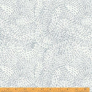 Puede incluir: Tela blanca con un patrón abstracto azul de líneas y rayas que giran. El patrón recuerda a las costuras o el bordado.