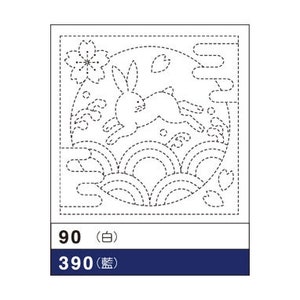 May include: A black and white line drawing of a rabbit jumping in a circle with a cherry blossom and a leaf. The circle is surrounded by waves and clouds. The numbers 90 (white) and 390 (grey) are in the bottom left corner.