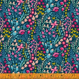 Peut inclure: Un tissu bleu sarcelle avec un motif répétitif de fleurs roses, bleues et jaunes, de cœurs, d'étoiles et de papillons.