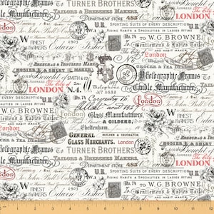 London, Text and Stamps in White, Windham Fabrics, per half yard