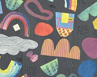Happy by Carrie Bloomston, Happy Day Mixtape in Charcoal, per half-yard, Windham Fabrics