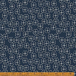 Indigo Stitches by Whistler Studios, Blossom in Navy, per half-yard, Windham Fabrics