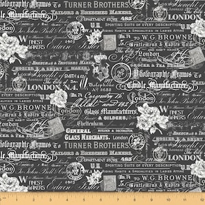 London, Text and Stamps in Black, Windham Fabrics, per half yard