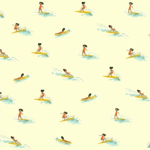 Windham Fabrics, Malibú, Tiny Surfers in Cream, de Heather Ross, por media yarda