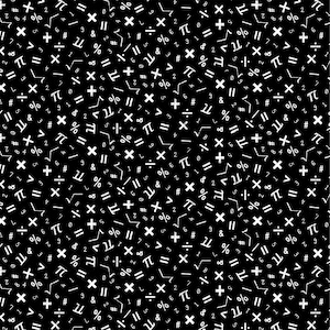 Może przedstawiać: Bezszwowy wzór w czerni i bieli z różnymi symbolami matematycznymi, w tym liczbami, pi, plus, minus, mnożenie, dzielenie, równość, procent, pierwiastek kwadratowy, nieskończoność i wiele innych.