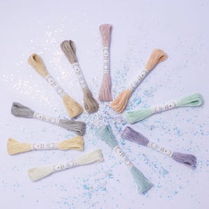 Puede incluir: Diez carretes de hilo de bordar en varios colores pastel, incluyendo azul claro, lavanda, rosa y beige. Los carretes están dispuestos en un círculo sobre un fondo blanco con purpurina azul claro.