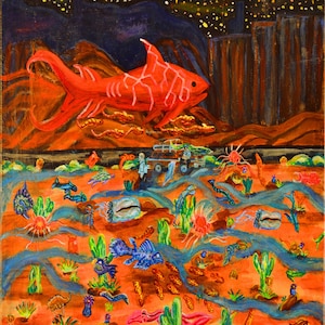 Love, Death & Robots Fanart: Fish Night Episode - Prehistoric Fish, Red Shark,  in Detailed Mix Media Painting - 8x10 Prints, Fantasy Art.