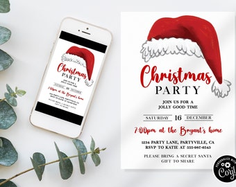 May include: A white Christmas party invitation with a red and white Santa hat illustration. The text reads "Christmas Party" with the date and time of the party. The invitation also includes the address and RSVP information.