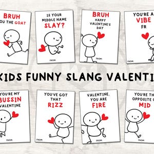Grappige kinderjargon Valentijnsdagkaarten, grappige afdrukbare klas Valentijn, stokfiguur Slang Valentijnsdag, pdf Skibidi, Rizz, Bruh