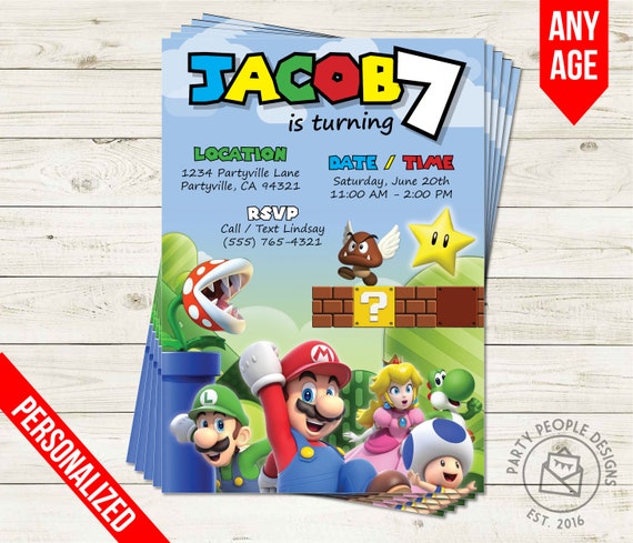 Super Mario Nintendo 10 Personalised Birthday Party Invitations