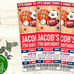 Editable Sports Ticket Invitation, All Star Sports Invite, Sports Birthday, Printable Game Invite, Baseball, Basketball, Soccer, Football