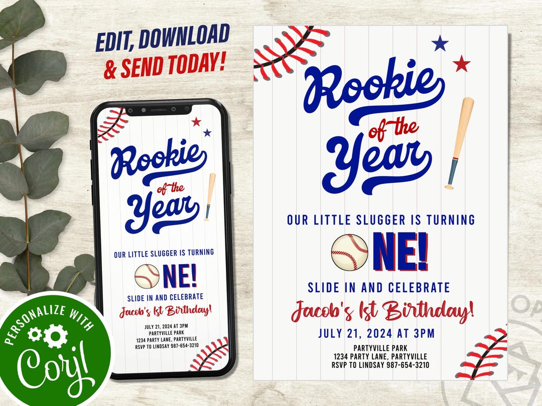 Rookie of the Year Baseball 1st Birthday Invitation (editable) - Etsy