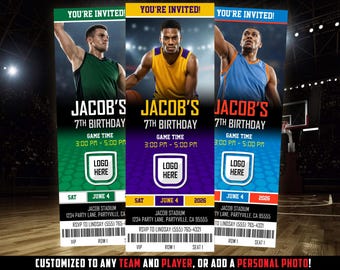 May include: Basketball-themed birthday party invitations with a player image. Each ticket-style invitation features the text "You're Invited!" and "Jacob's 7th Birthday." Includes game time, date, location, and RSVP information. Customizable with team and player photos.