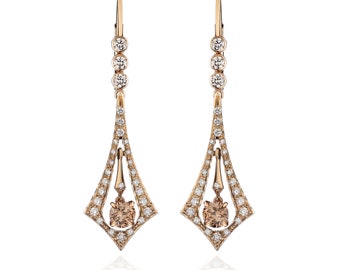 Art Deco earrings in two-tone 18k gold with white and fancy brown diamonds