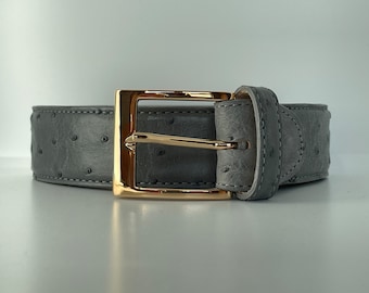 Ostrich belt with 18K rose gold buckle, customizable, 100% made in Italy.