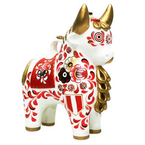 Pucará Toro "Blanquirrojo" Pintado a mano en Cerámica - 12.8" Alto, Estatuilla de Cerámica, Escultura, Estilizada, Hecha a mano en Perú, Tradición Peruana