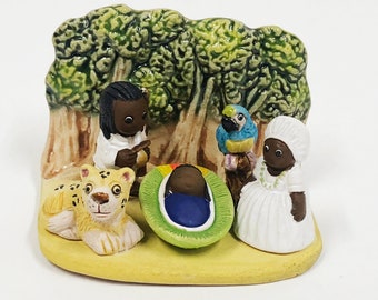 Brazilian Nativity Scene - Handmade in Clay - 1 block - 3.3"X2.2"X2.2" high, Brazil, Amazon, Macaw, Jaguar, Jungle