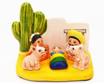 Mexican "A" Nativity Scene - Handmade in Clay - 1 block - 3.1"X2"X3.1" high, Mexico, Cactus, Tequila, Charro, Mariachi, Coyote, Agave