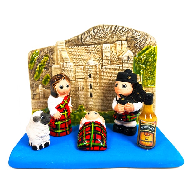 Scottish Nativity Scene - Handmade in Clay - 1 block - 3.3"X2.2"X2.2" high, Scotland, Whisky, Scotch, bagpipe, Edimburgh, Eilean Donan, UK