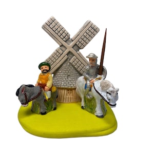 Escena de Don Quijote y Sancho Panza - Hecha a mano en arcilla - 1 bloque - 3.1"X2"X3.1" de alto, La Mancha, Miguel de Cervantes Saavedra, España, Dulcinea