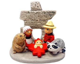 Canadian III Nativity Scene - Handmade in Clay - 1 block - 3.1"X2.2"X2.8" high, Canada, Beaver, Inukshuk, The Mounties, RCMP