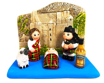 Scottish Nativity Scene - Handmade in Clay - 1 block - 3.3"X2.2"X2.2" high, Scotland, Whisky, Scotch, bagpipe, Edimburgh, Eilean Donan, UK