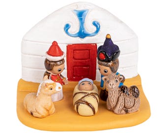 Mongolian "B" Nativity Scene - Handmade in Clay - 1 block - 3.1"X2.2"X2.8" high, Mongolia, Ulaanbaatar, Monastery