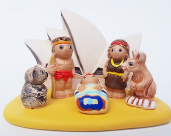 Australian II Nativity Scene - Handmade in Clay - 1 block - 3.3"X2.2"X2.2" high, Sydney Opera House, Sydney, Koala, Kangaroo, Aussie