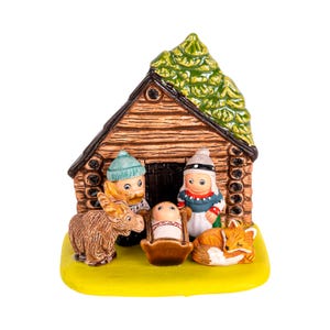 Norwegian Nativity Scene - Handmade in Clay - 1 block - 3.8"X2.2"X2.9" high, Norway, Oslo, Tromso, Bergen, Artic Fox, Elk, Moose
