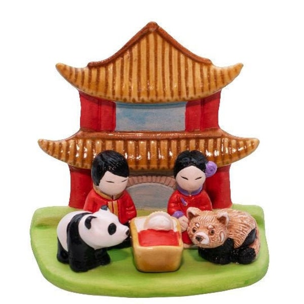 Chinese "A" Nativity Scene - Handmade in Clay - 1 block - 3.8"X2.2"X2.9" high, China, Pagoda, Panda Bear