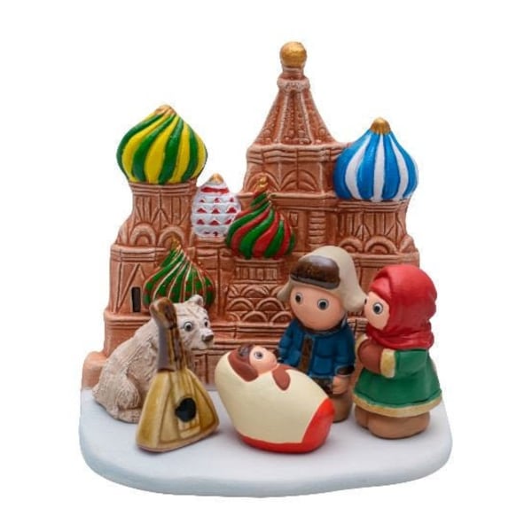 Crèche de Noël russe - Fait main en argile - 1 bloc - 3,15"X2,15"X3,15" de haut, Cathédrale Saint-Basile, Moscou, Place Rouge