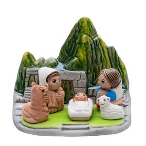 Machu Picchu Nativity Scene - Handmade in Clay - 1 block -  3.15"X2.15"X3.15" high, Peru, Ruins, Incas, Andes, Llama, Sheep, Peruvian