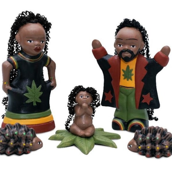 Crèche jamaïcaine - Faite à la main en argile - 5 personnages - 4,5" de haut, Jamaïque, Rasta, Rastafari, Cannabis, Reggae, Kingston, Bob Marley