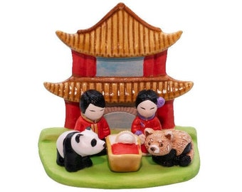 Chinese "A" Nativity Scene - Handmade in Clay - 1 block - 3.8"X2.2"X2.9" high, China, Pagoda, Panda Bear