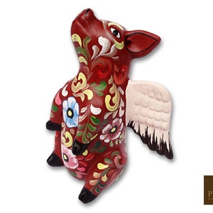 Flying Pig (seated) Handpainted in Ceramic - 4.13&quot; x 3.15&quot; x 6.3&quot;, When Pigs Fly, Flying Pig, Winged Pig, Pottery Pig, Clay, pigs might fly