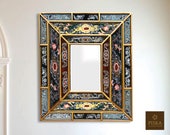 Colonial Medallion Mirror (eglomise) - Dark Green Color Combination - 15.4 quot x 13.4 quot , Luxury Mirror, Exclusive