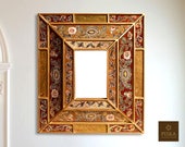 Colonial Medallion Mirror (eglomise) - Red Gold Color Combination - 15.4 quot x 13.4 quot , Luxury Mirror, Exclusive