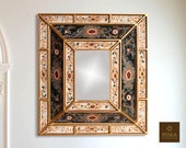 Colonial Medallion Mirror (eglomise) - Dark Green Cream Color Combination - 15.4 quot x 13.4 quot , Luxury Mirror, Exclusive