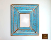 Floral Mirror (eglomise) - Turquoise Gold Color Combination - 15.4 quot x 13.4 quot , Luxury Mirror, Exclusive