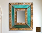 Floral Mirror (eglomise) - Solid Turquoise Beige Color Combination - 15.4 quot x 13.4 quot , Luxury Mirror, Exclusive