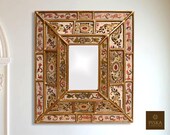 Colonial Medallion Mirror (eglomise) - Red, White Beige Color Combination - 15.4 quot x 13.4 quot , Luxury Mirror, Exclusive