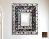 Colonial Medallion Mirror (eglomise) - Blue Silver Color Combination - 15.4 quot x 13.4 quot , Luxury Mirror, Exclusive