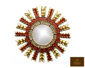 Sunburst Wall Mirror 20.9 quot - Mirror Cuzcaja style, flower design - Red Color - Frame covered with Gold Leaf, Luxury Mirror, Exclusive