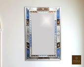 Floral Mirror (eglomise) - Blue, White Walnut Color Combination - 39.4 quot x 27.5 quot , Luxury Mirror, Exclusive