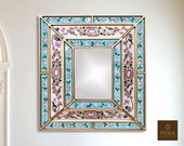 Colonial Medallion Mirror (eglomise) - White, Pink Light Blue Color Combination - 15.4 quot x 13.4 quot , Luxury Mirror, Exclusive