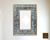 Mirror quot Blue Daysi quot - Reverse Painted Glass (eglomise) - 27.5 quot x 19.7 quot x 2 quot , Luxury Mirror, Exclusive