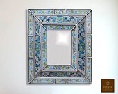 Colonial Medallion Mirror (eglomise) - Light Blue Silver Color Combination - 15.4 quot x 13.4 quot , Luxury Mirror, Exclusive