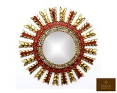 Sunburst Wall Mirror 24.4 quot - Mirror Cuzcaja style, flower design - Red Color - Frame covered with Gold Leaf, Luxury Mirror, Exclusive